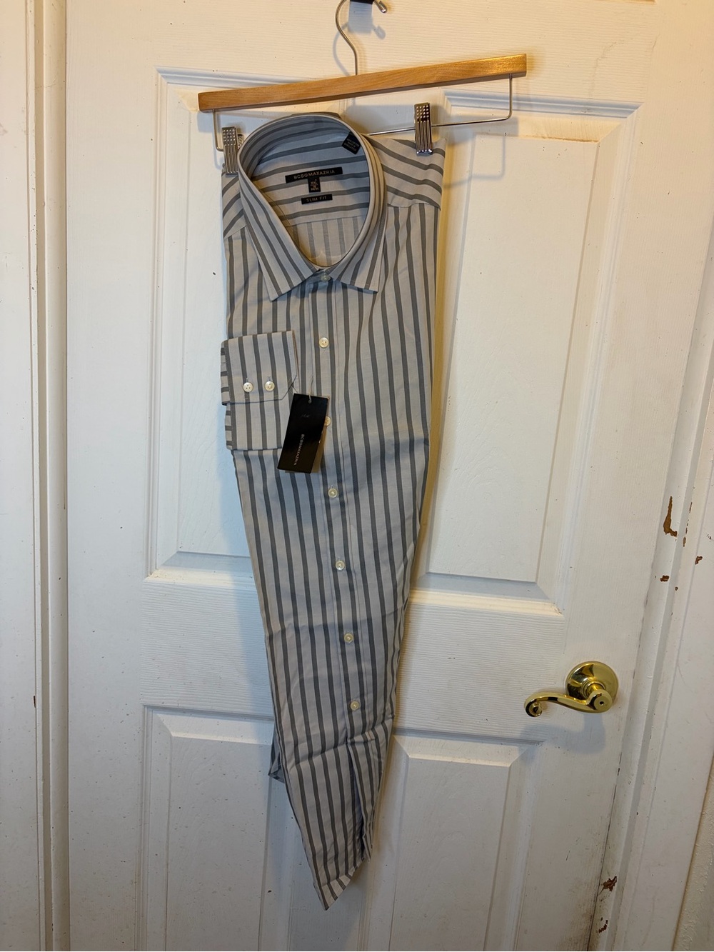 BCBGMaxAzria Gray and White Striped Slim Fit Dress Shirt